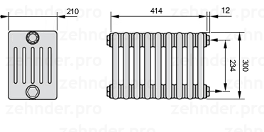 Схема (чертеж) Радиатор Zehnder Charleston 6030/9 №7610 Белый глянцевый RAL 9016